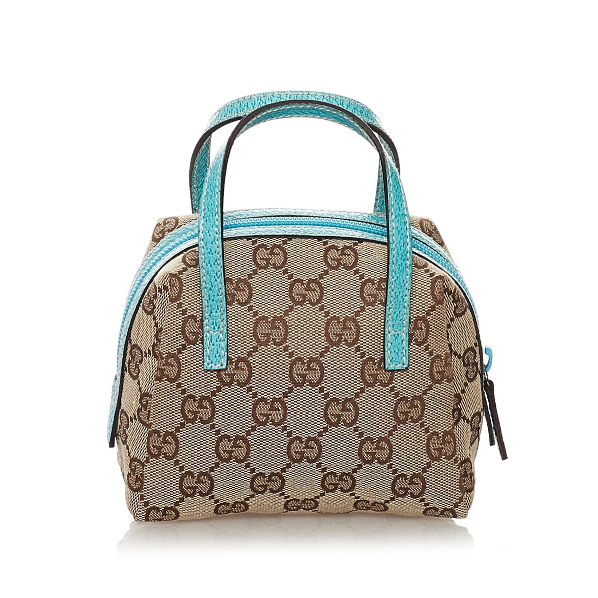 Gucci GG SHG Canvas Calf Brown Blue Satchel Bag Handbag Shg