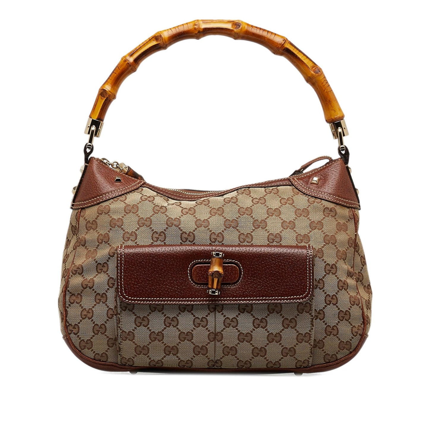 Gucci GG Nailhead Bamboo Handle SHG-kiHtJf Canvas Calf Brown Satchel Bag