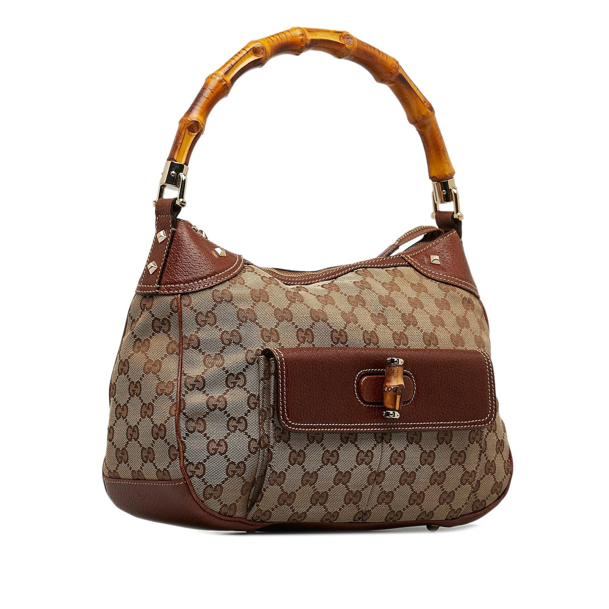 Gucci GG Nailhead Bamboo Handle SHG-kiHtJf Canvas Calf Brown Satchel Bag