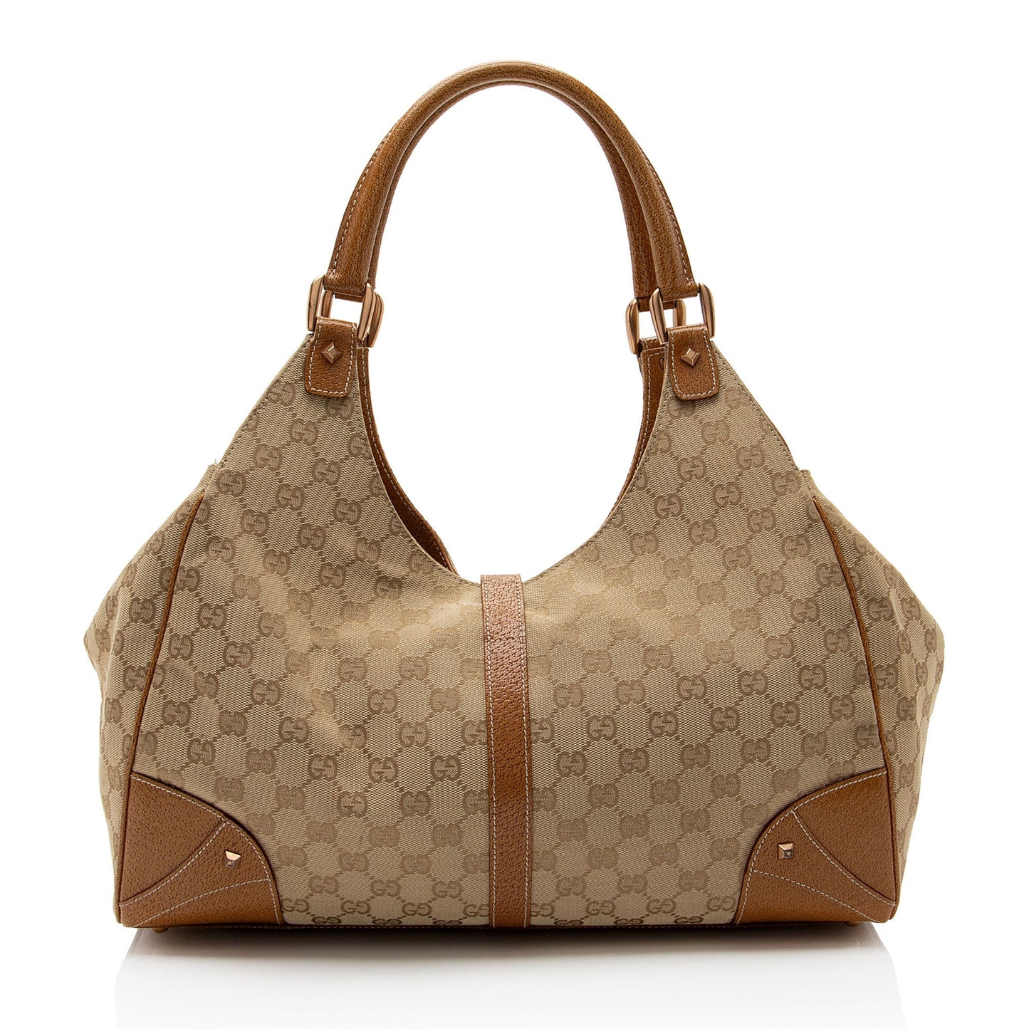 Gucci GG Nailhead Bardot SHF-FHIG8i Leather Canvas Brown Beige Shoulder Bag