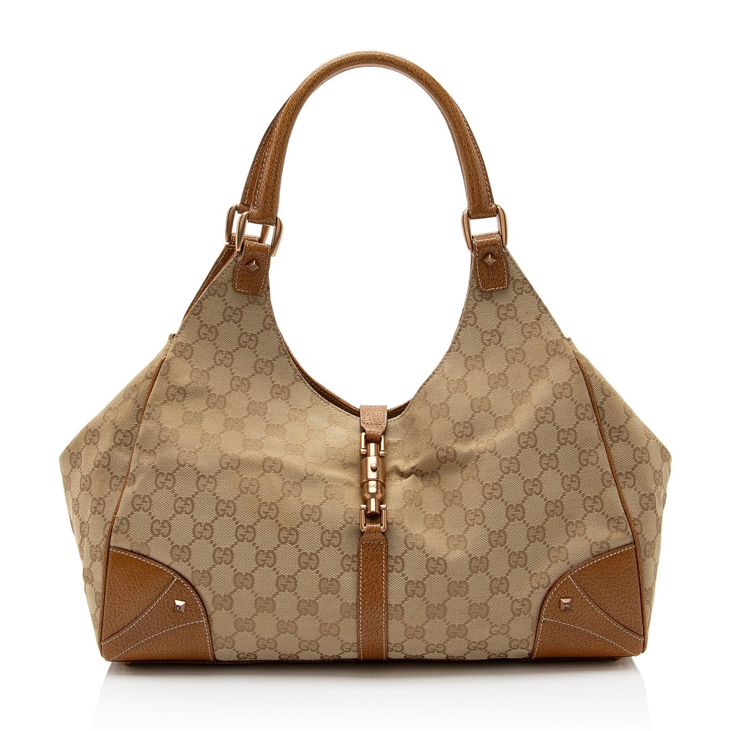 Gucci GG Nailhead Bardot SHF-FHIG8i Leather Canvas Brown Beige Shoulder Bag