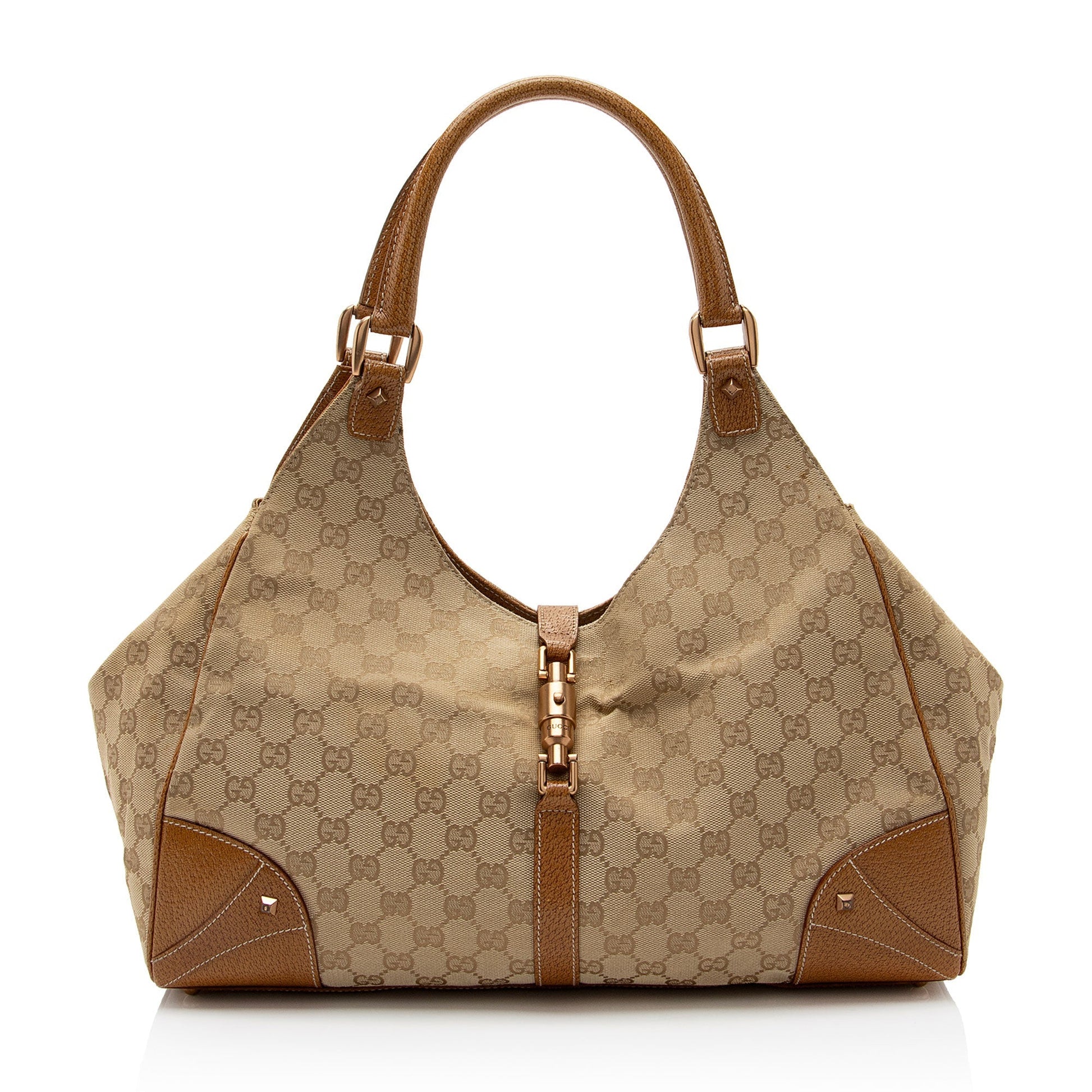 Gucci GG Nailhead Bardot SHF-FHIG8i Leather Canvas Brown Beige Shoulder Bag