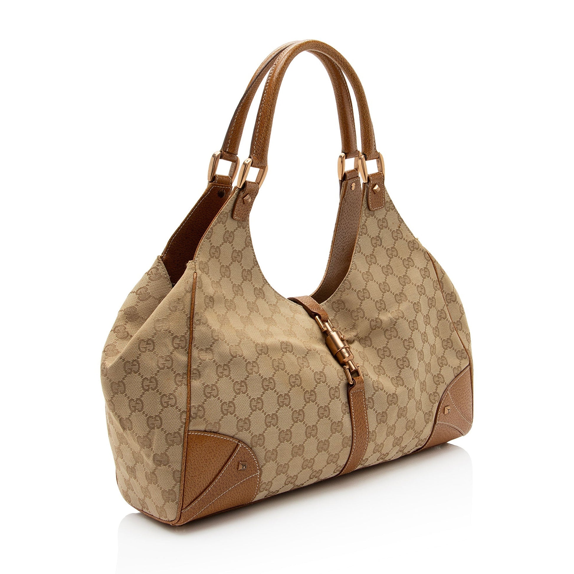 Gucci GG Nailhead Bardot SHF-FHIG8i Leather Canvas Brown Beige Shoulder Bag