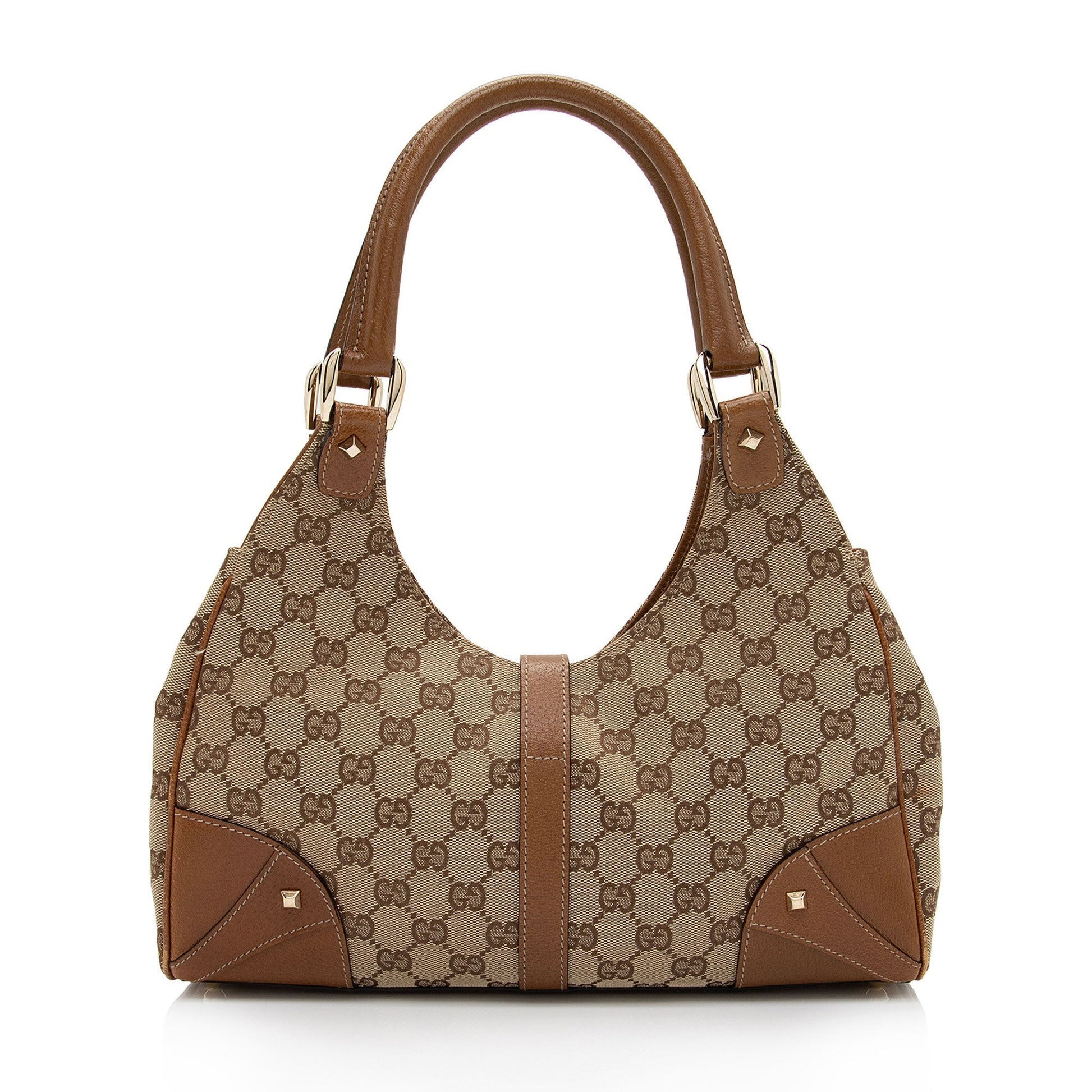 Gucci GG Nailhead Bardot SHF-cXQEhI Leather Canvas Brown Beige Shoulder Bag