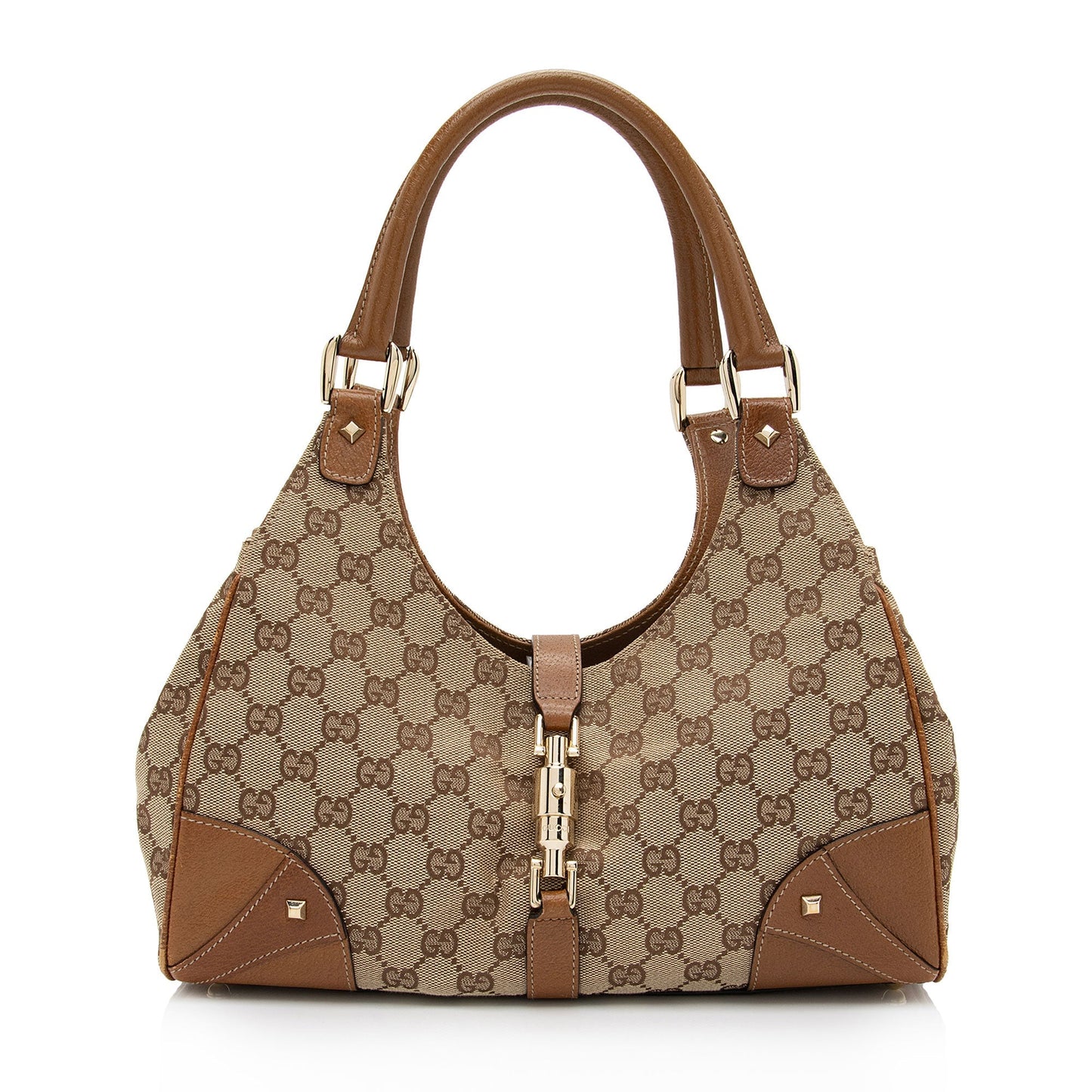Gucci GG Nailhead Bardot SHF-cXQEhI Leather Canvas Brown Beige Shoulder Bag