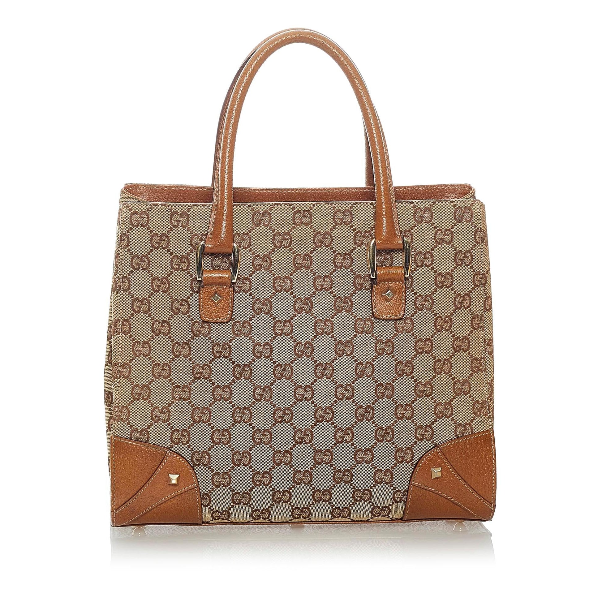 Gucci GG Nailhead SHG Canvas Brown Satchel Bag Handbag Shg
