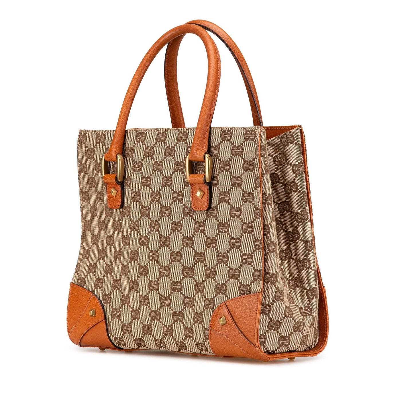 Gucci GG Nailhead Canvas Calf Brown Satchel Bag