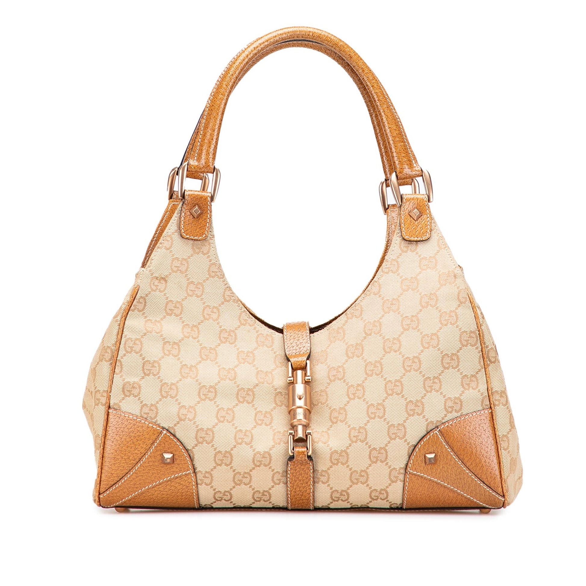 Gucci GG Nailhead Jackie Bardot Canvas Calf Brown Satchel Bag