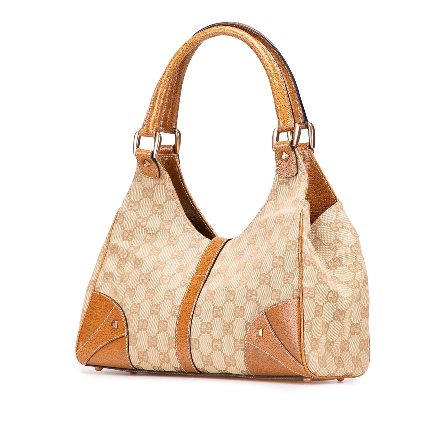 Gucci GG Nailhead Jackie Bardot Canvas Calf Brown Satchel Bag