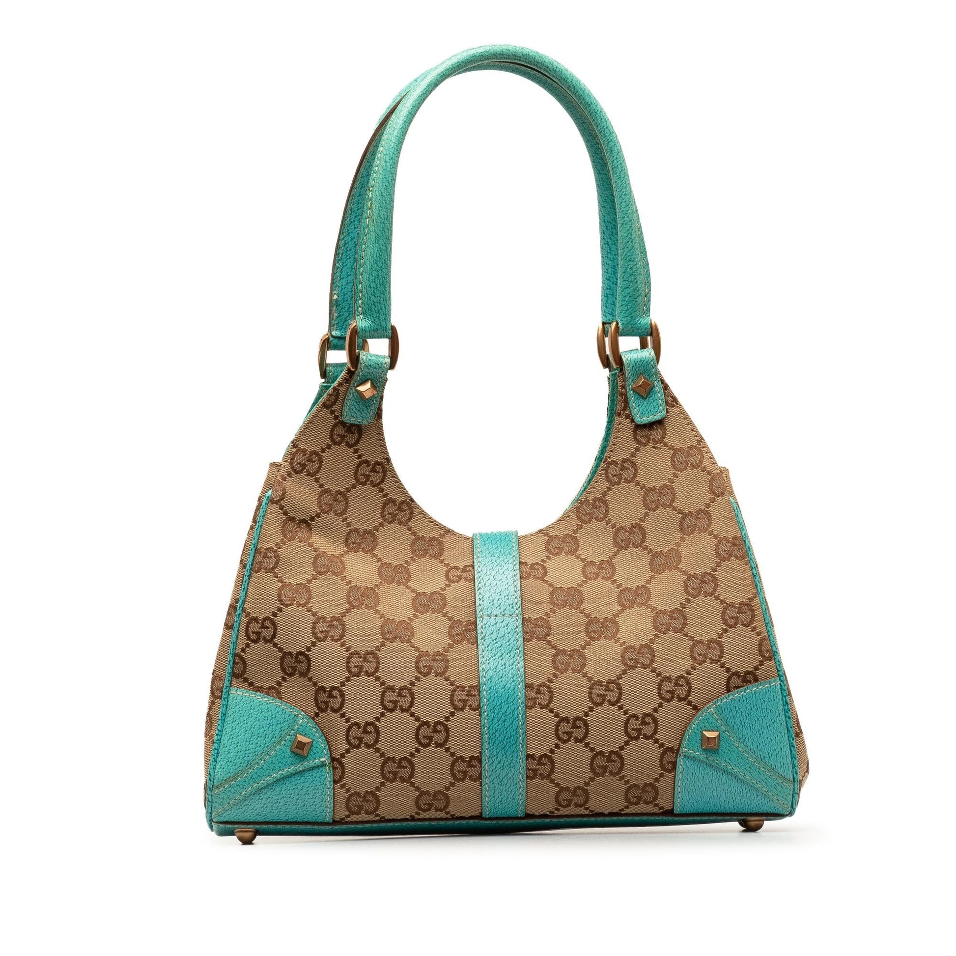 Gucci GG Nailhead Jackie Bardot SHG-eDYueX Canvas Calf Brown Blue Shoulder Bag