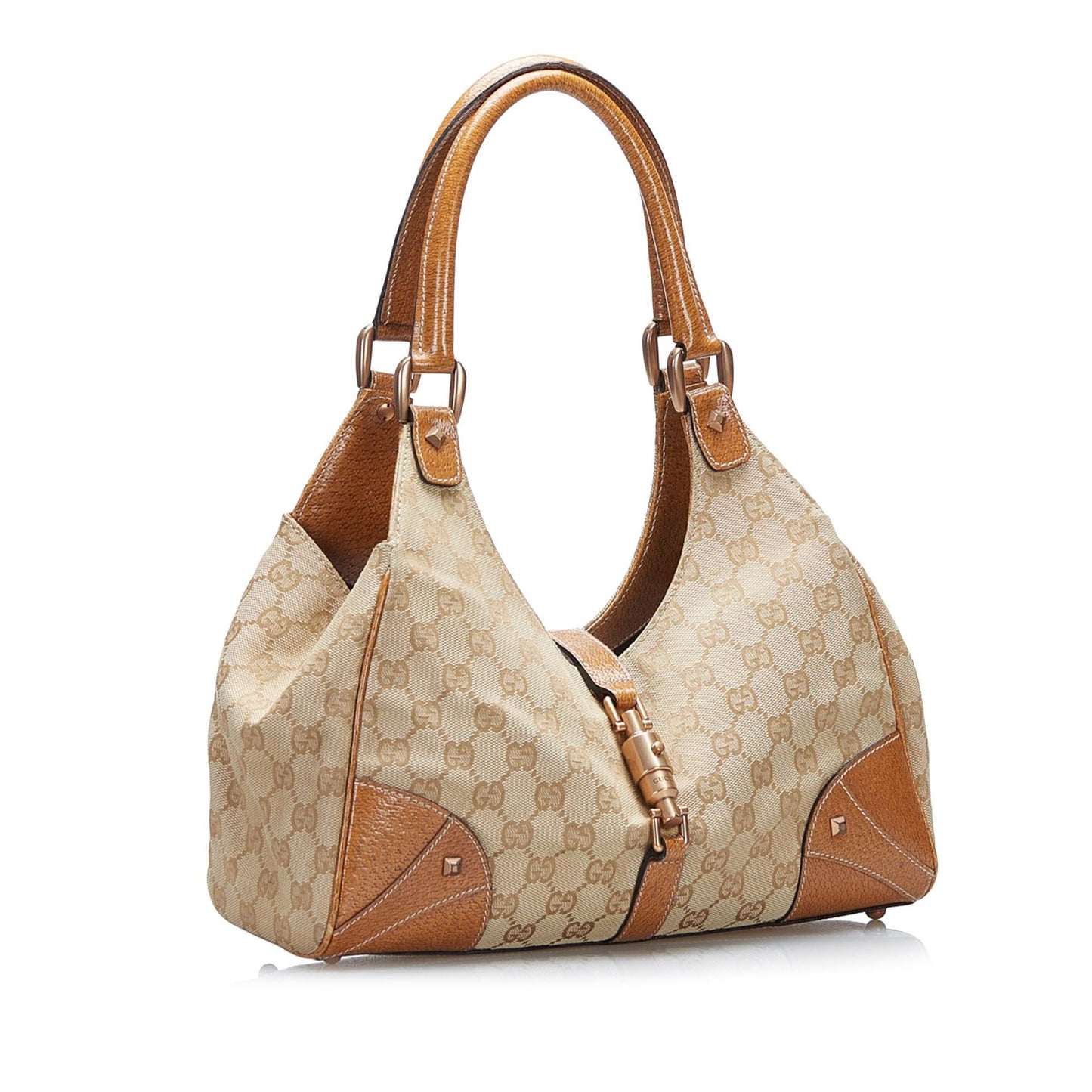 Gucci GG Nailhead Jackie Bardot SHG-LGilwa Canvas Brown Shoulder Bag