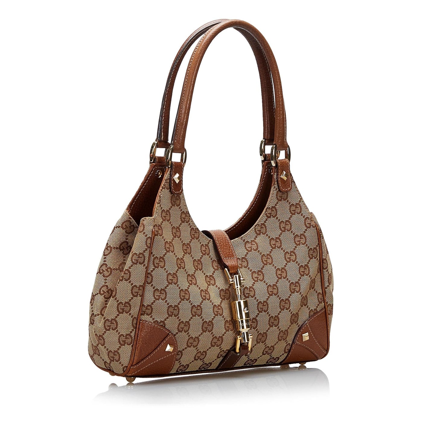Gucci GG Nailhead Jackie Bardot SHG-6ihMuF Canvas Calf Brown Shoulder Bag