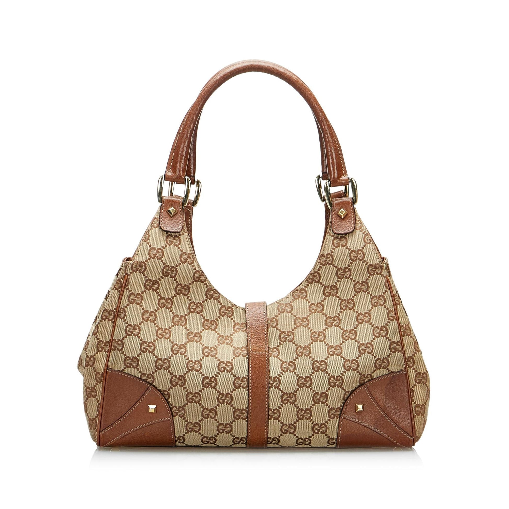 Gucci GG Nailhead Jackie O SHG-m5gHWZ Canvas Calf Brown Satchel Bag