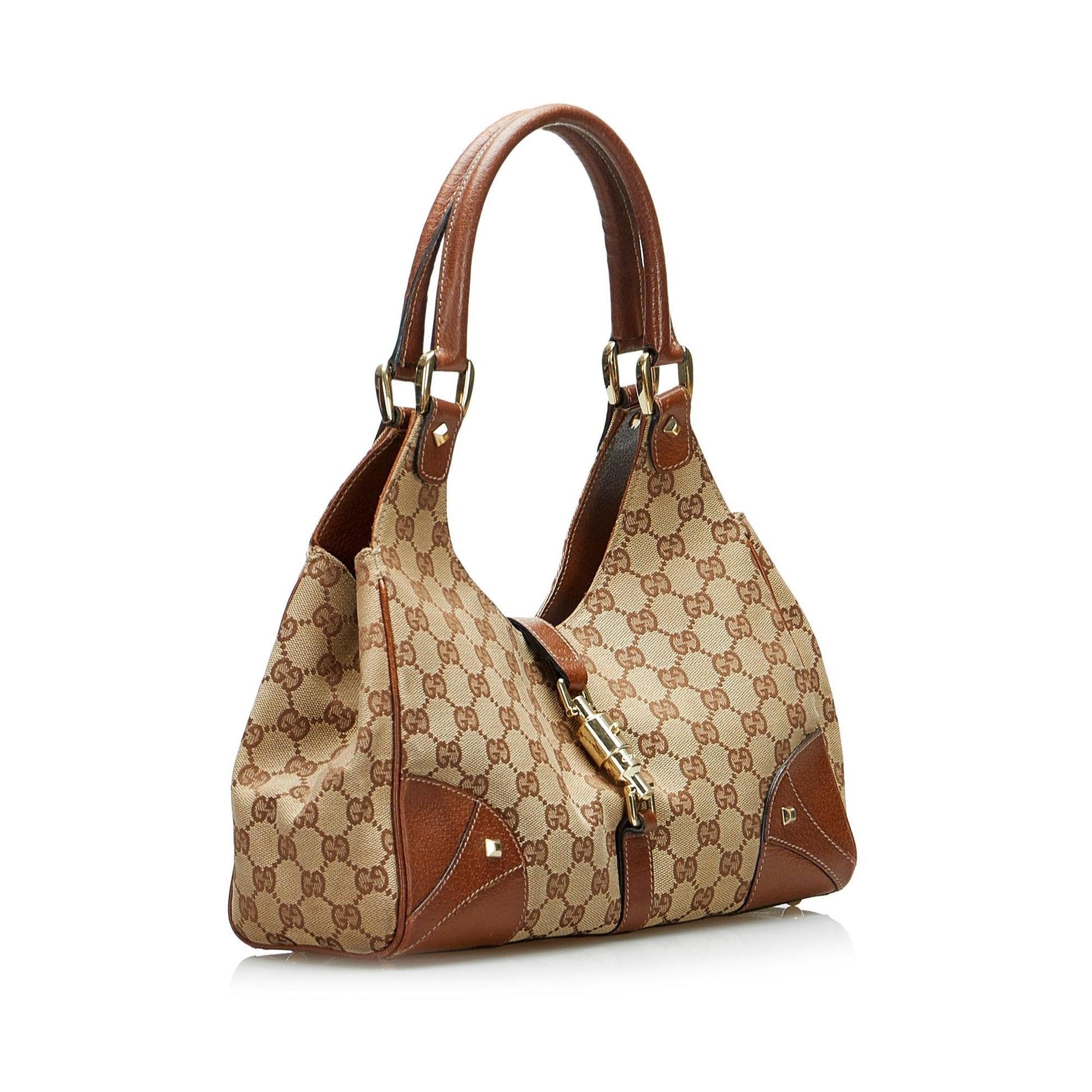 Gucci GG Nailhead Jackie O SHG-m5gHWZ Canvas Calf Brown Satchel Bag