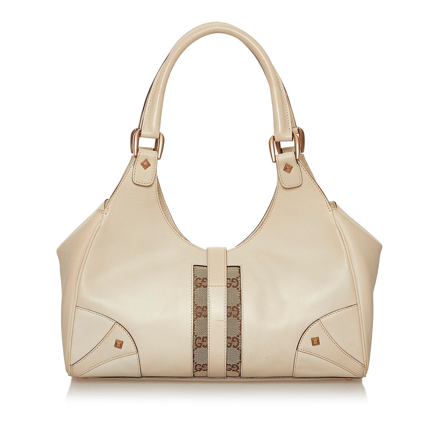 Gucci GG Nailhead Jackie SHG Canvas Calf White Brown Shoulder Bag