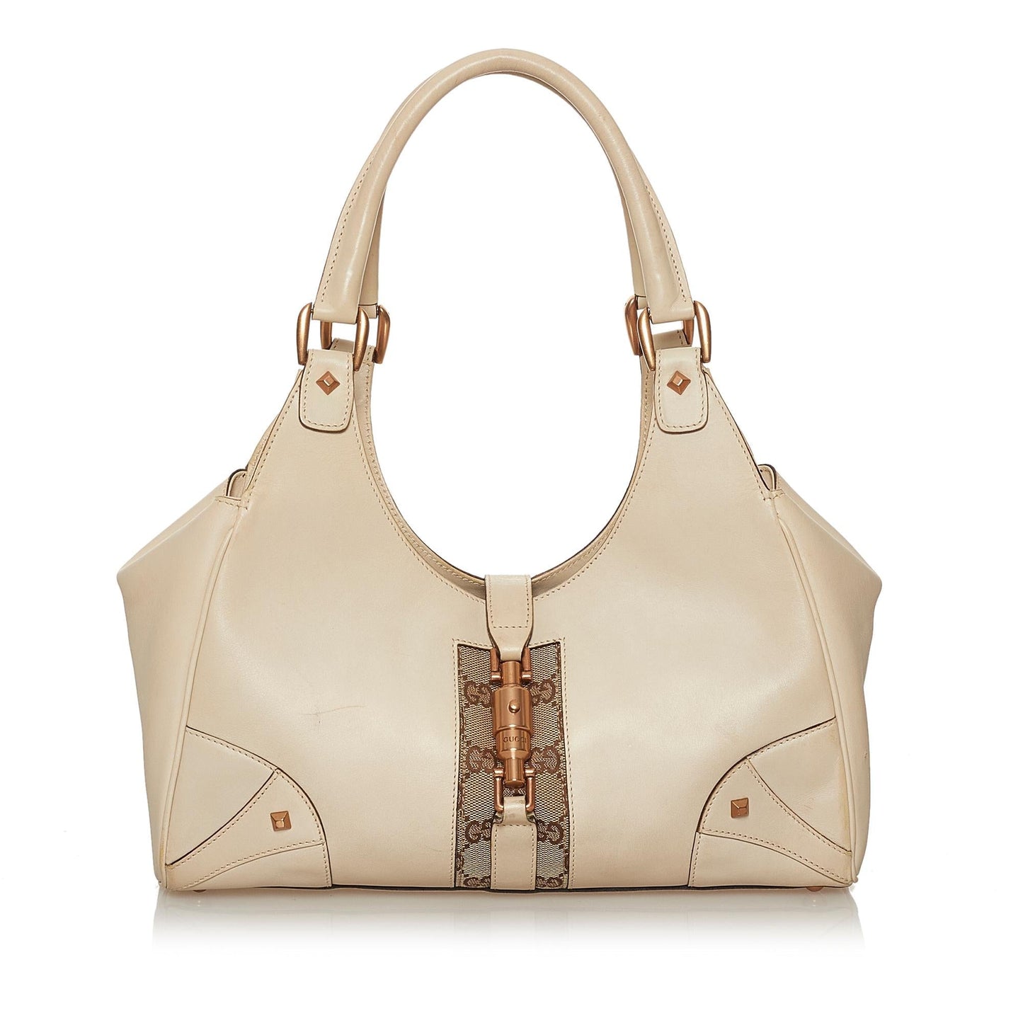 Gucci GG Nailhead Jackie SHG Canvas Calf White Brown Shoulder Bag