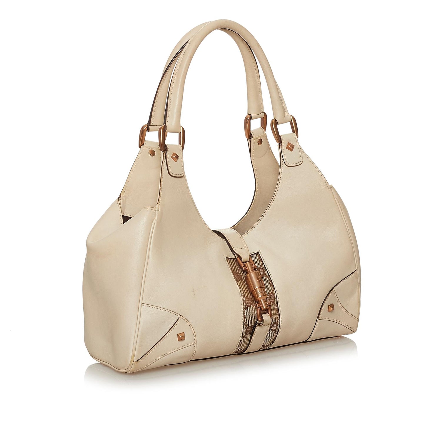 Gucci GG Nailhead Jackie SHG Canvas Calf White Brown Shoulder Bag