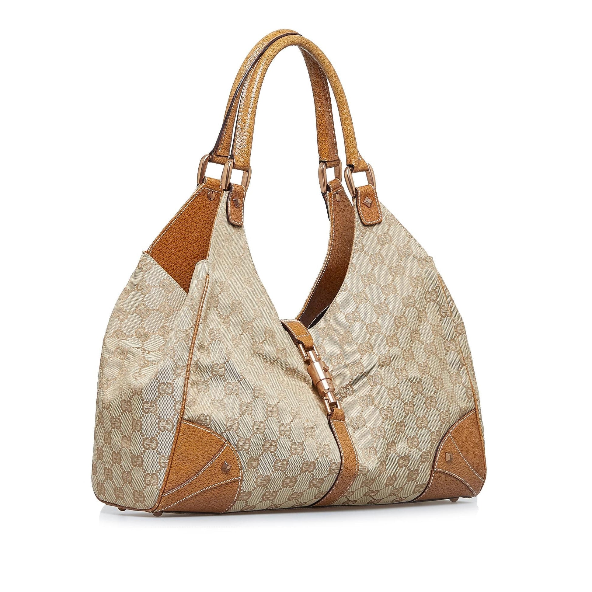 Gucci GG Nailhead Jackie SHG-fVp81V Canvas Brown Shoulder Bag