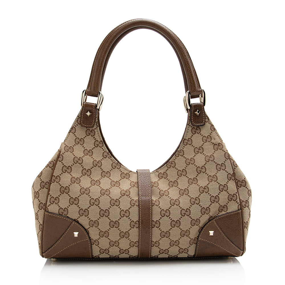 Gucci GG Nailhead Bardot SHF Leather Canvas Brown Beige Shoulder Bag