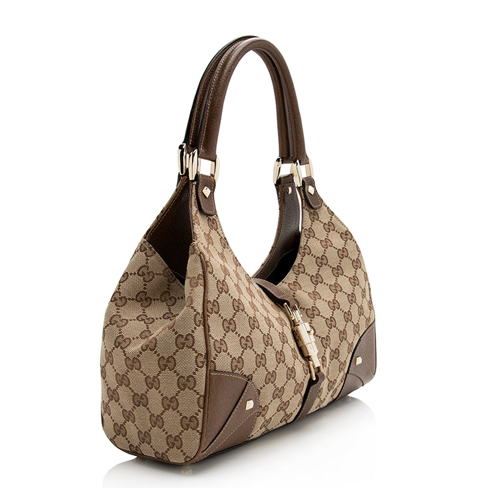 Gucci GG Nailhead Bardot SHF Leather Canvas Brown Beige Shoulder Bag