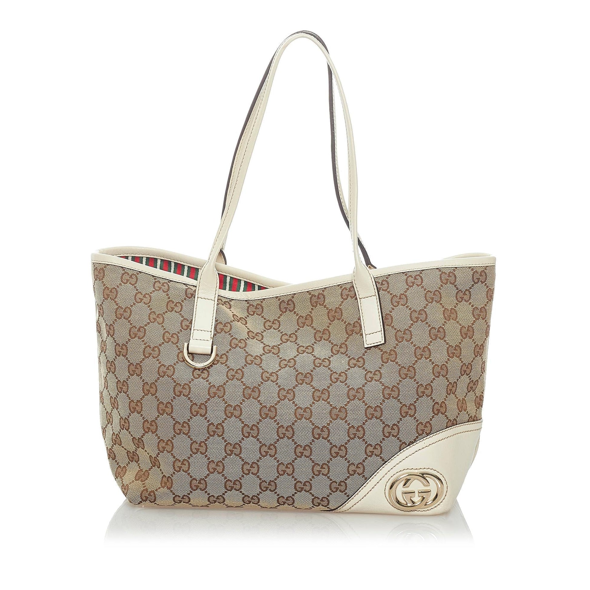 Gucci GG New Britt SHG Canvas Calf White Brown Tote Bag
