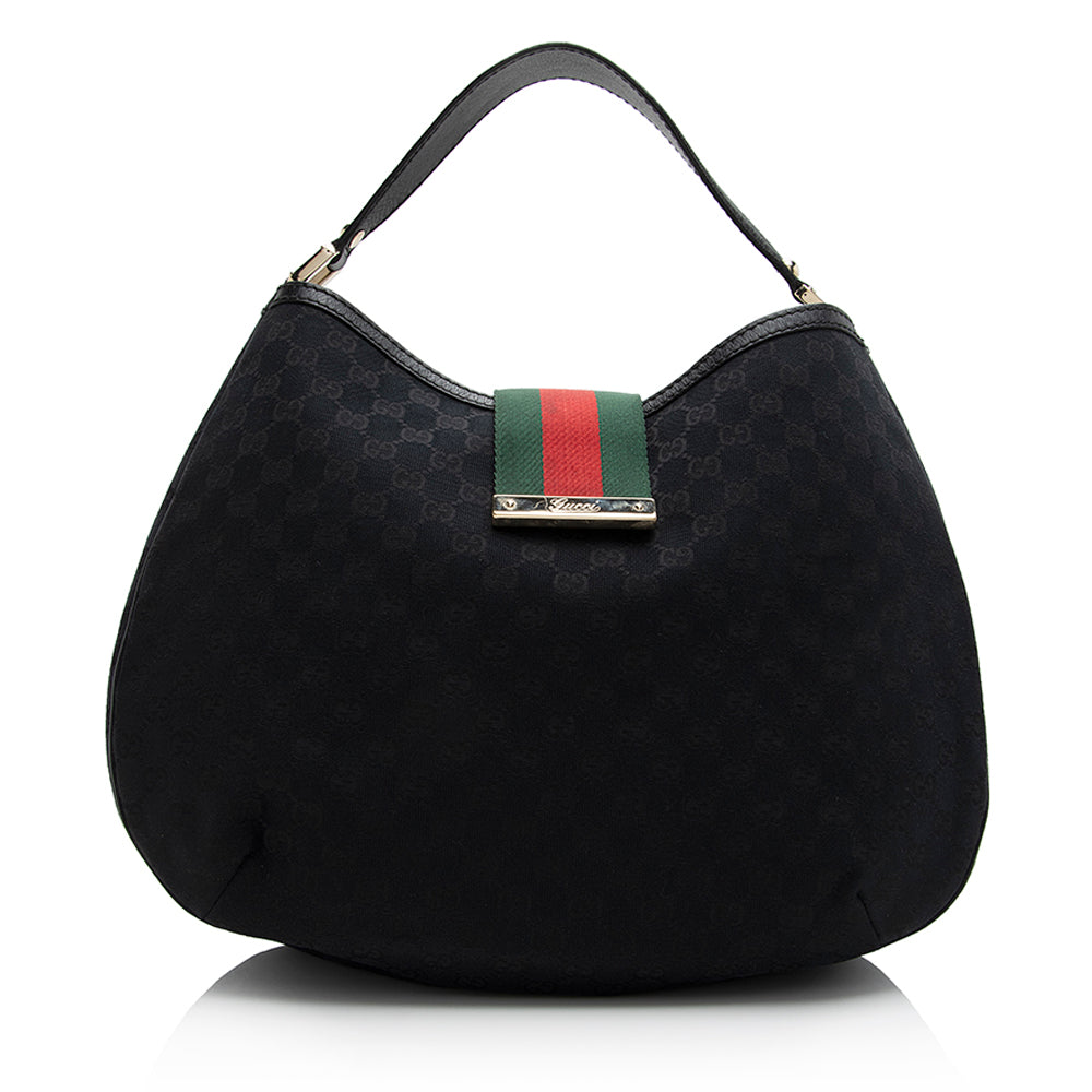 Gucci GG New Ladies Web SHF Leather Canvas Nylon Black Shoulder Bag