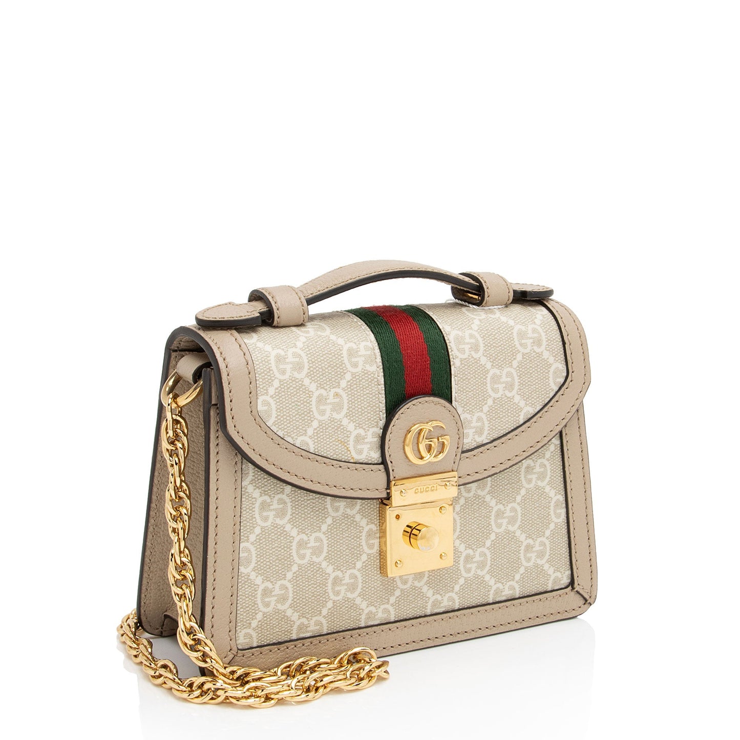 Gucci GG Ophidia Top Handle Leather Canvas White Beige Crossbody Bag