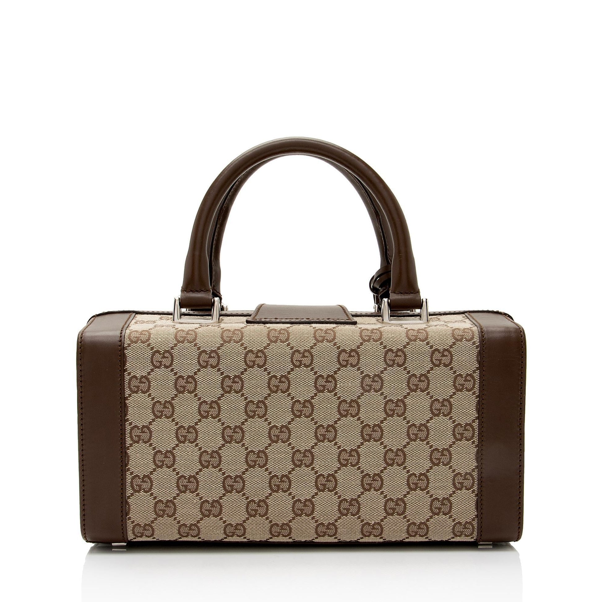 Gucci GG Padlock Top Handle Train Leather Canvas Brown Beige Travel Bag