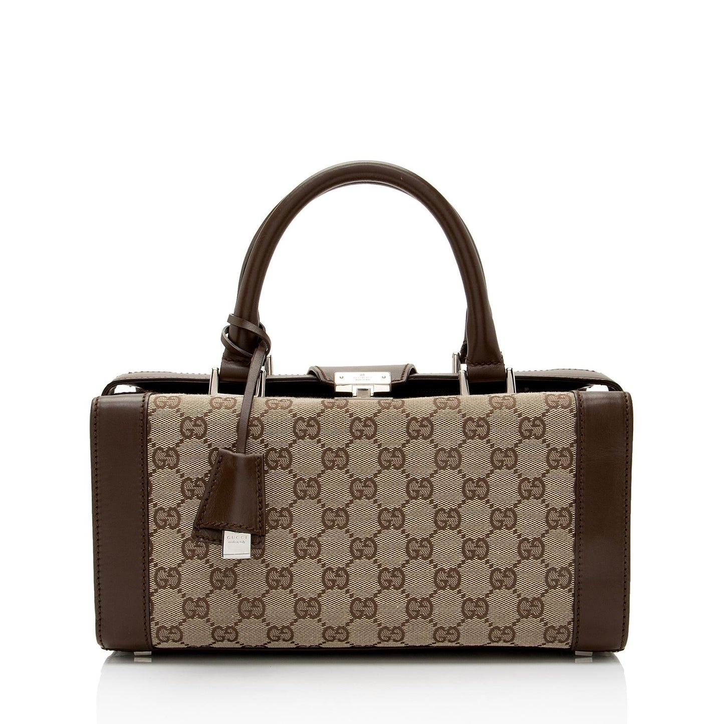 Gucci GG Padlock Top Handle Train Leather Canvas Brown Beige Travel Bag