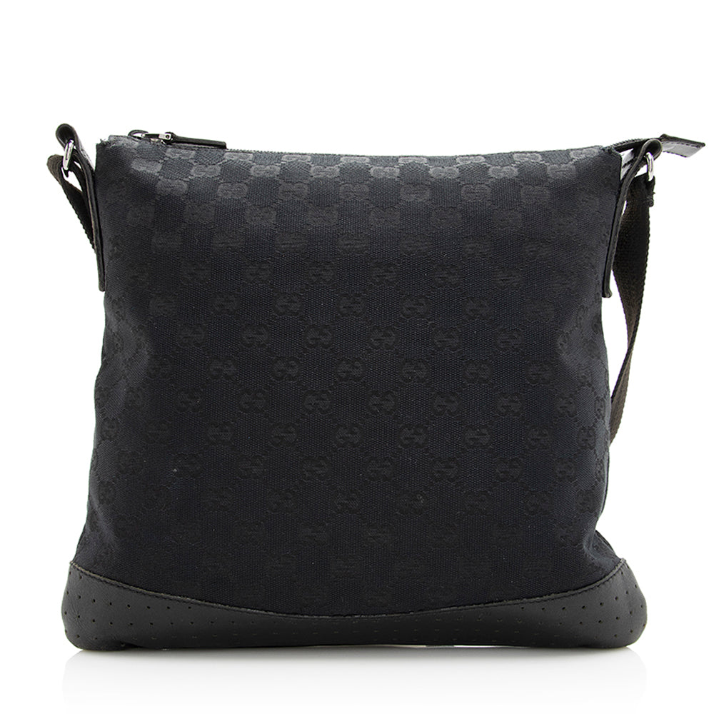 Gucci GG Perforated Messenger SHF Leather Canvas Black Crossbody Bag