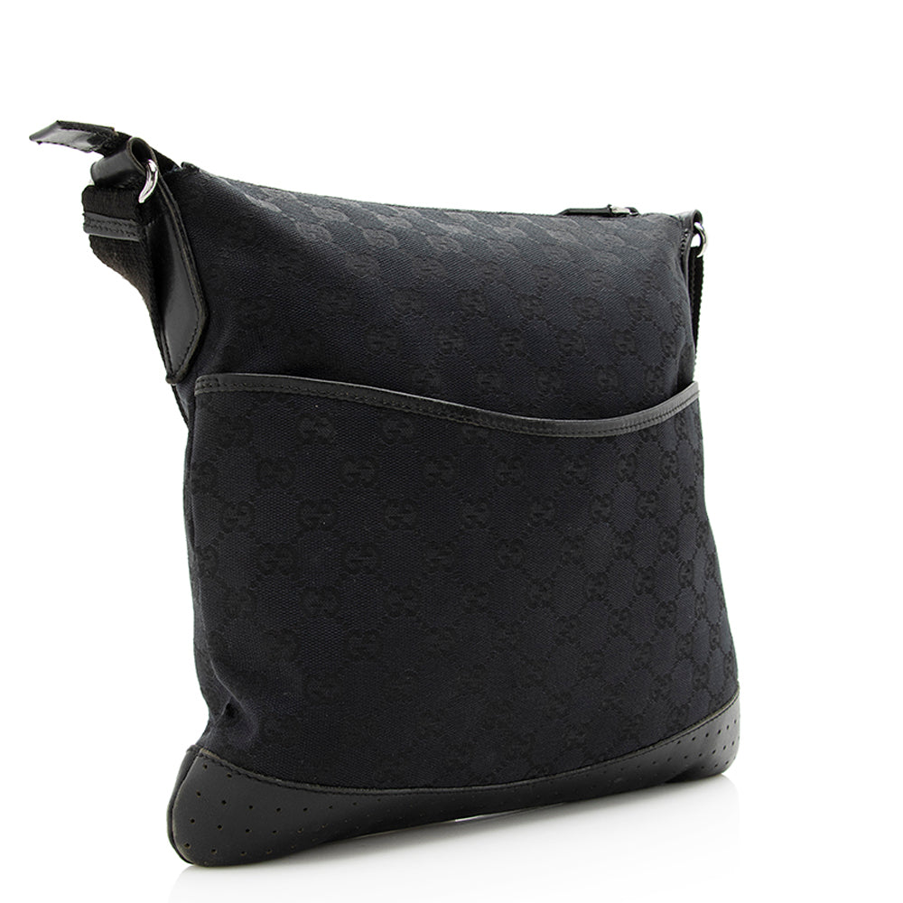 Gucci GG Perforated Messenger SHF Leather Canvas Black Crossbody Bag