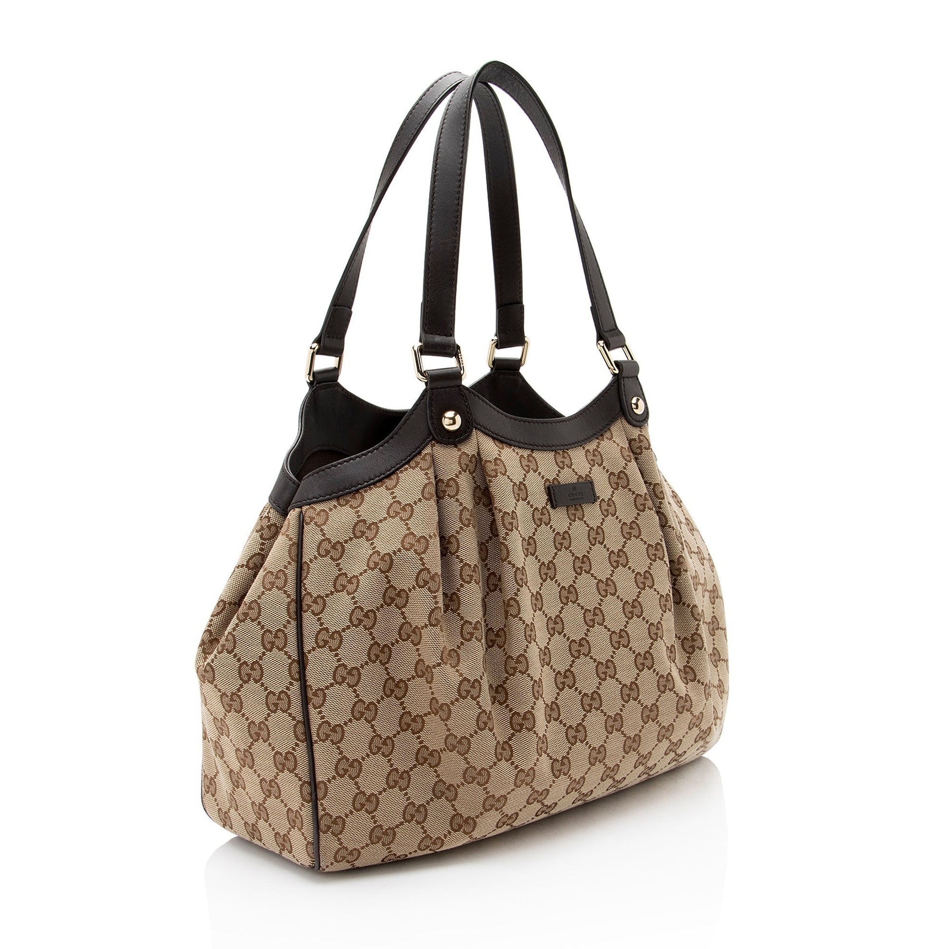 Gucci GG Pleated Leather Canvas Brown Beige Tote Bag