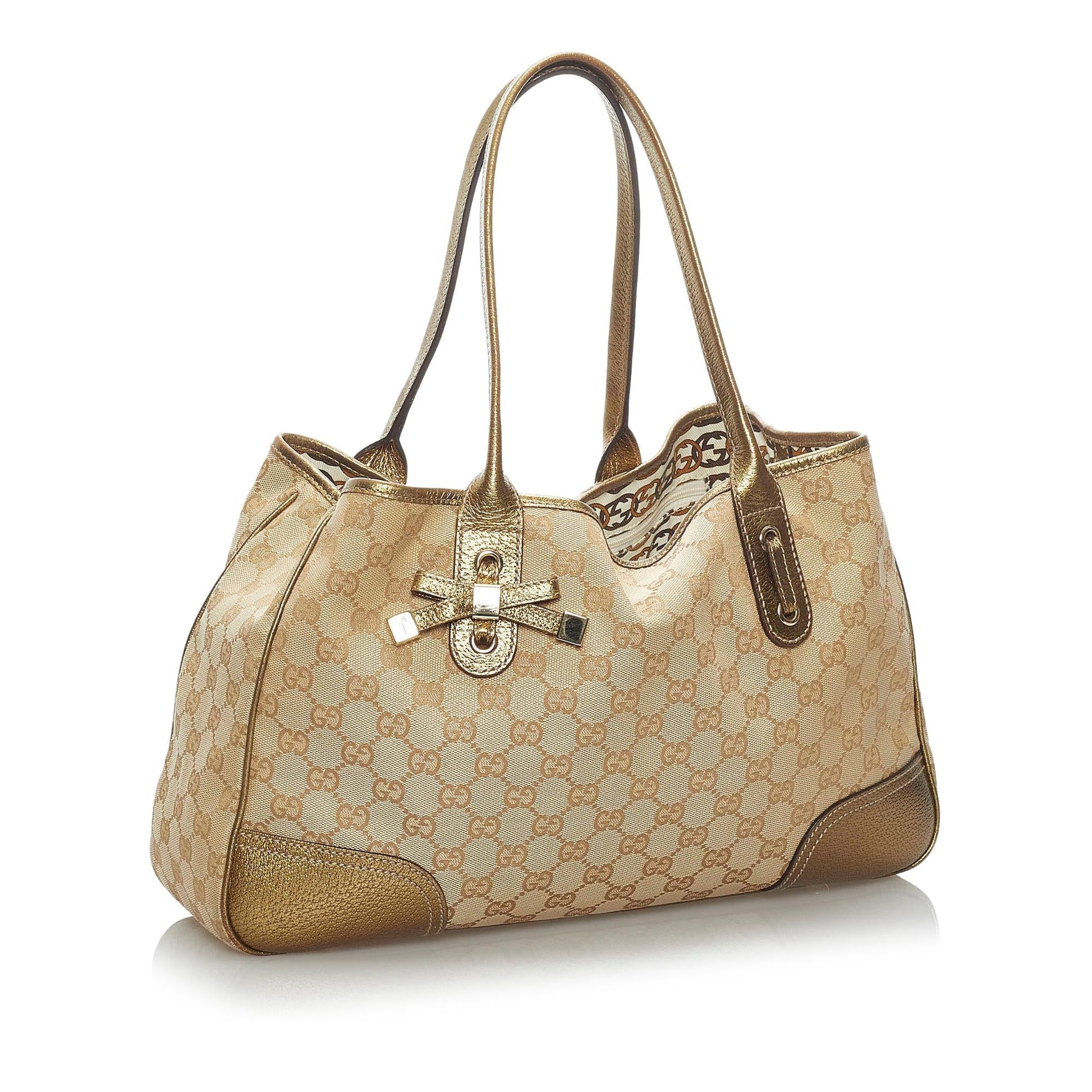 Gucci GG Princy SHG Canvas Brown Gold Tote Bag