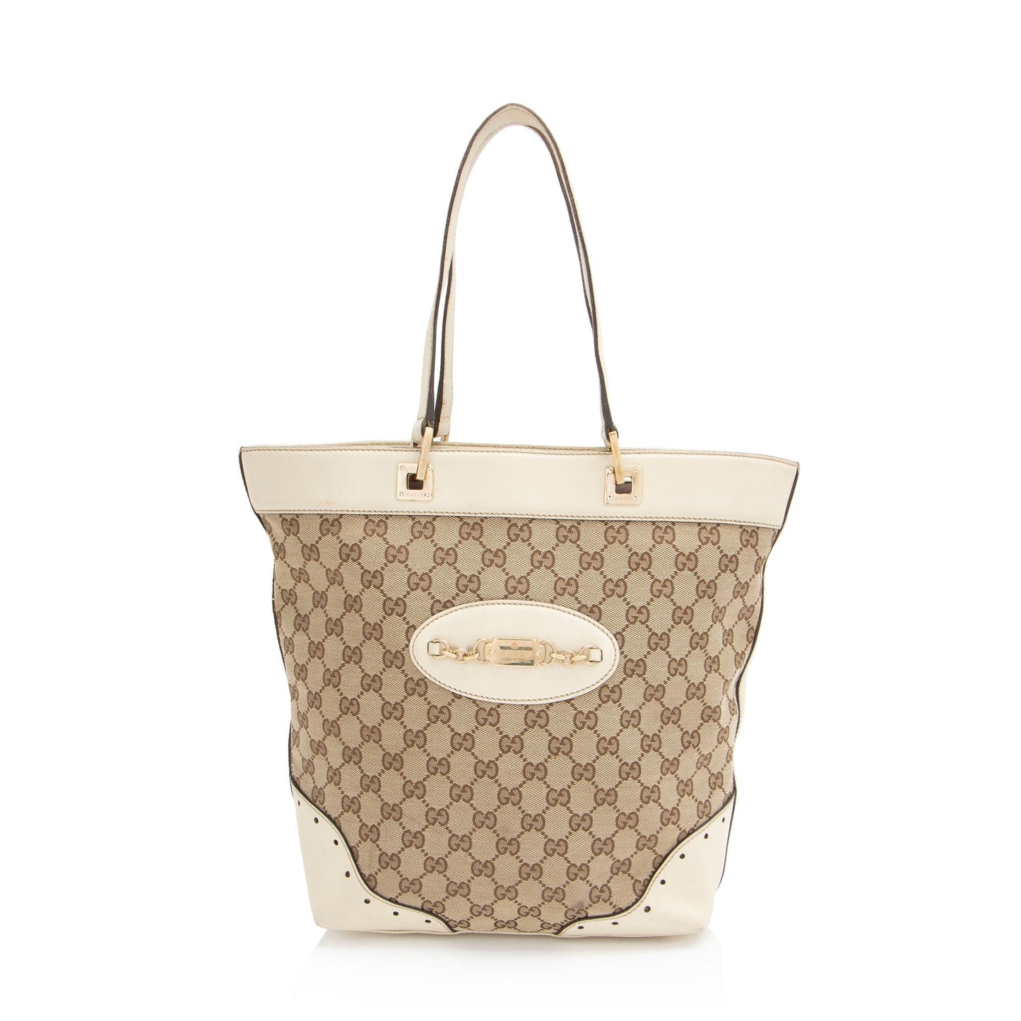Gucci GG Punch Leather Canvas White Brown Tote Bag