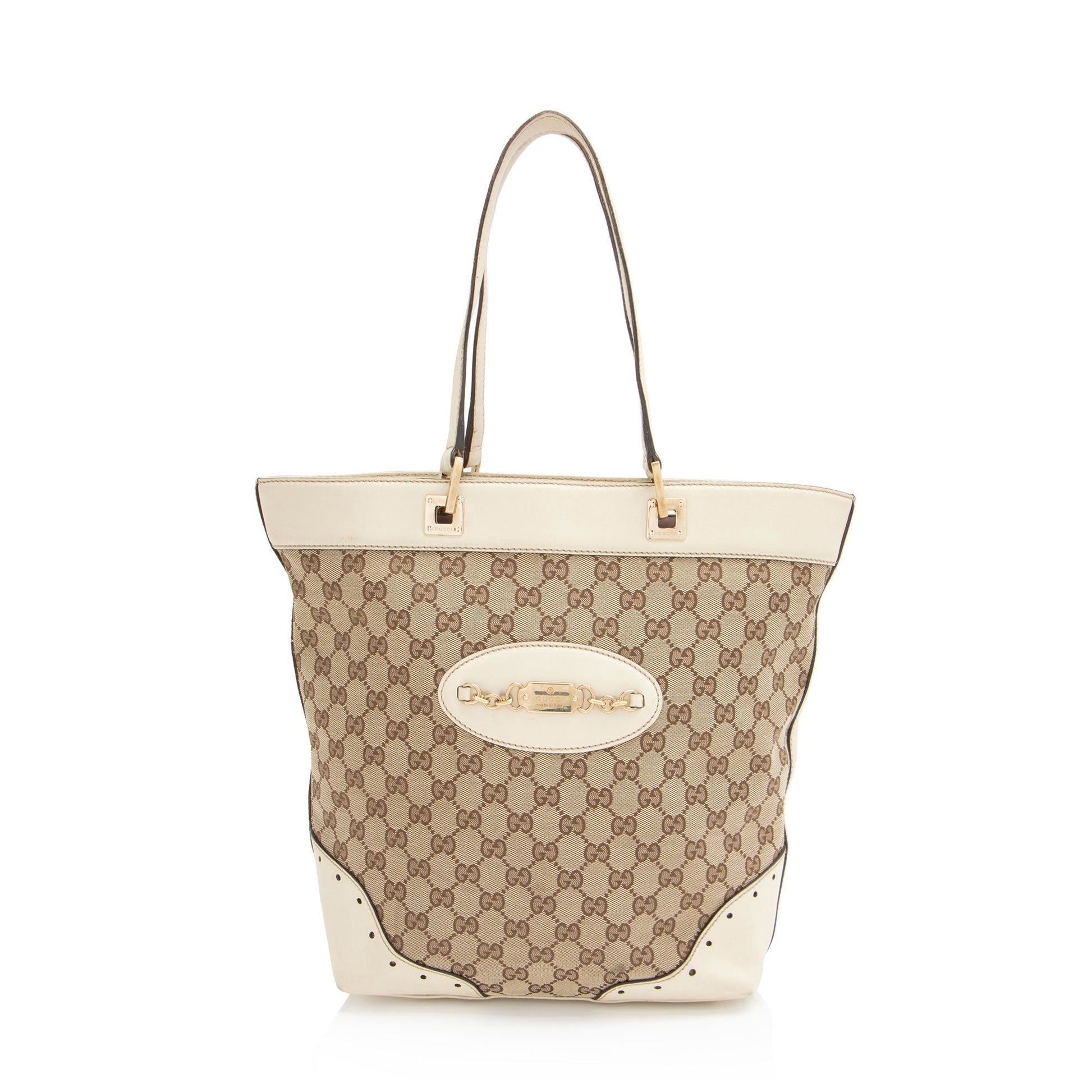 Gucci GG Punch Leather Canvas White Brown Tote Bag