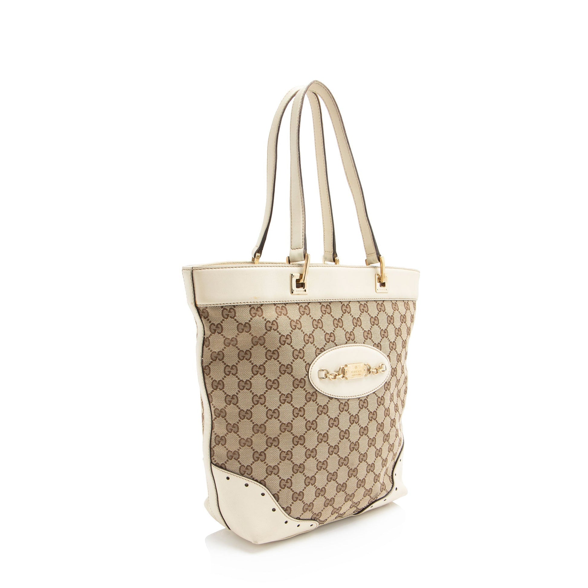 Gucci GG Punch Leather Canvas White Brown Tote Bag
