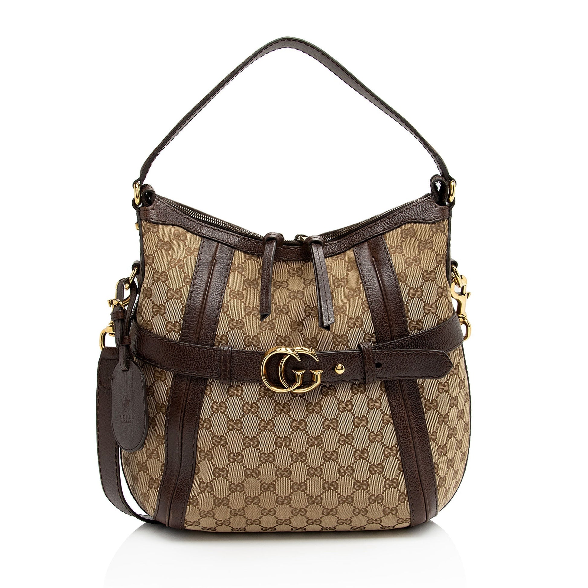Gucci GG Running SHF-kbbOCL Leather Canvas Brown Beige Shoulder Bag