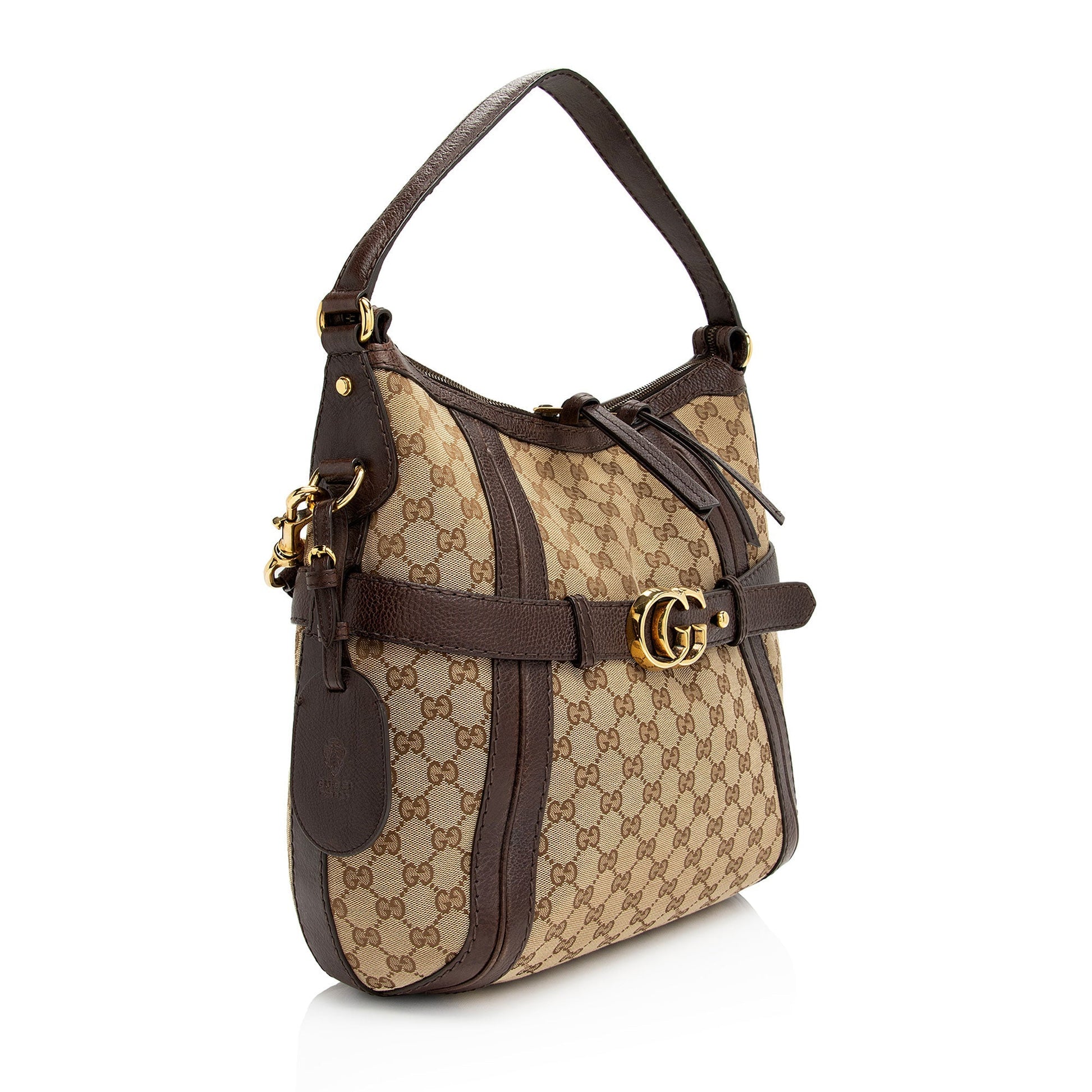 Gucci GG Running SHF-kbbOCL Leather Canvas Brown Beige Shoulder Bag