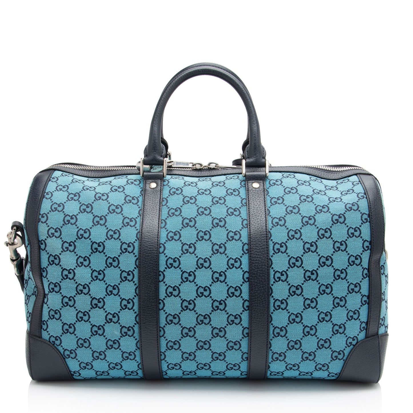 Gucci GG Savoy Duffle SHF-8zVTxr Leather Canvas Black Blue Travel Bag