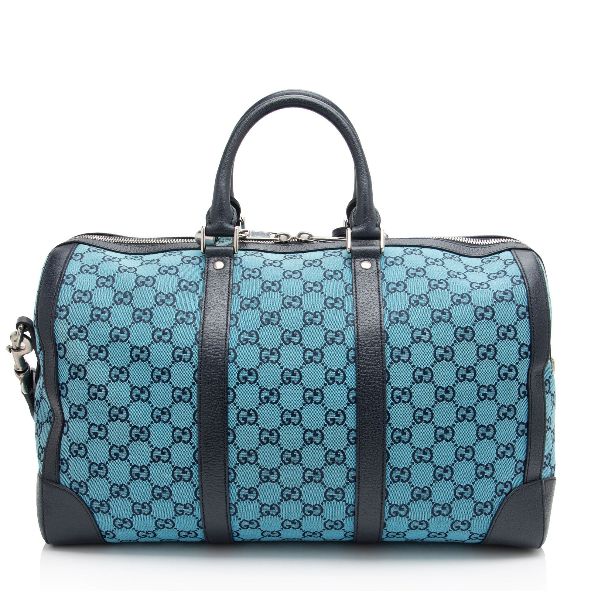Gucci GG Savoy Duffle SHF-8zVTxr Leather Canvas Black Blue Travel Bag