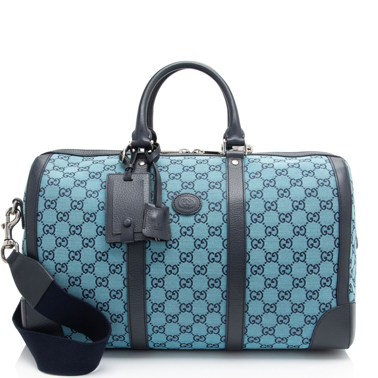 Gucci GG Savoy Duffle SHF-8zVTxr Leather Canvas Black Blue Travel Bag