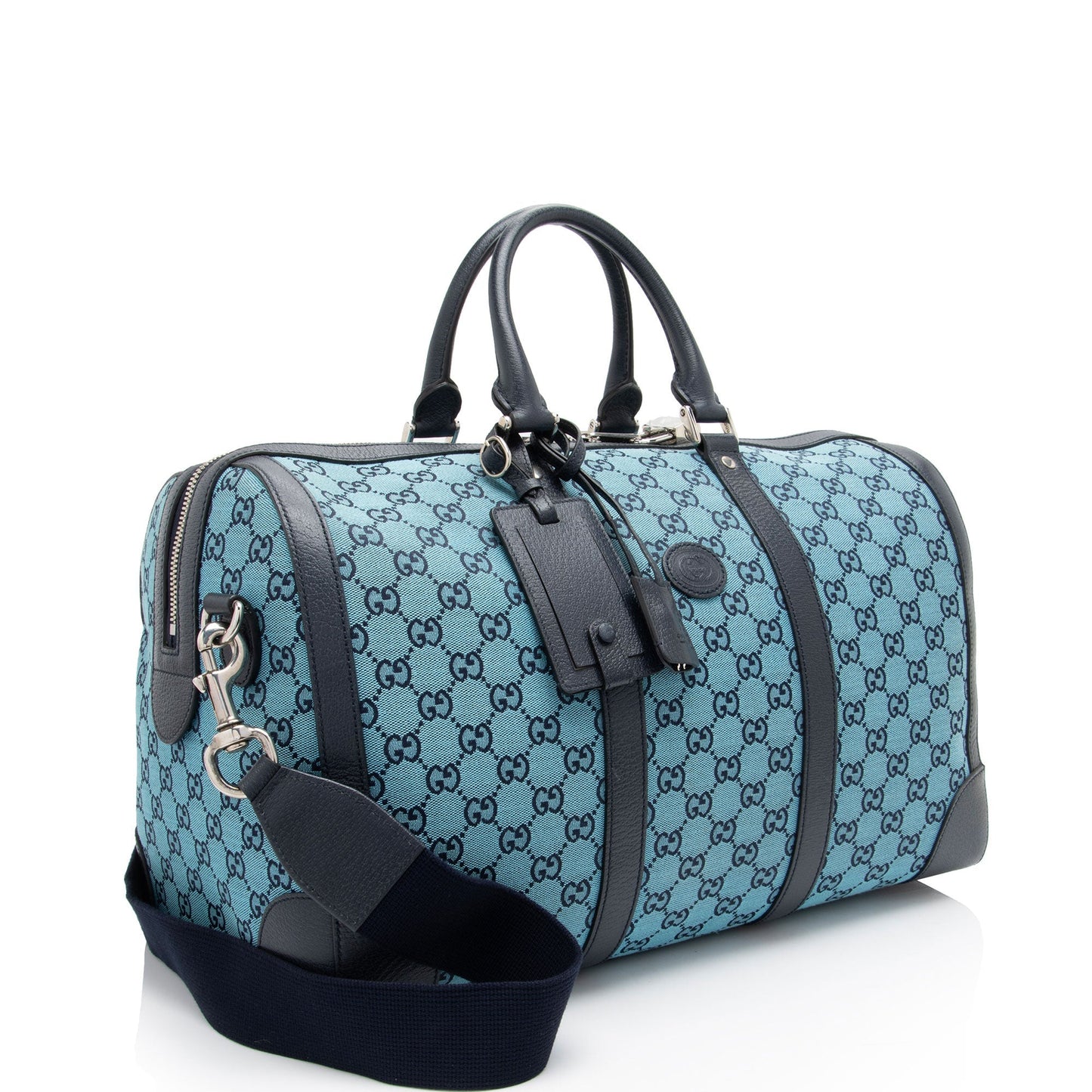Gucci GG Savoy Duffle SHF-8zVTxr Leather Canvas Black Blue Travel Bag