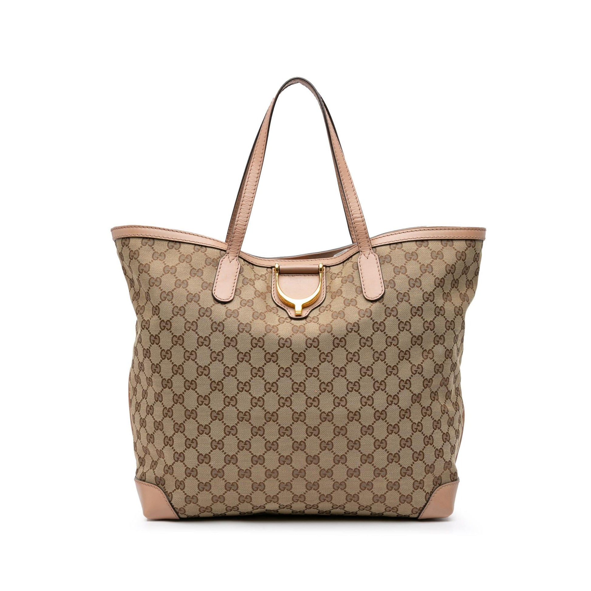 Gucci GG Soft Stirrup Canvas Brown Pink Tote Bag