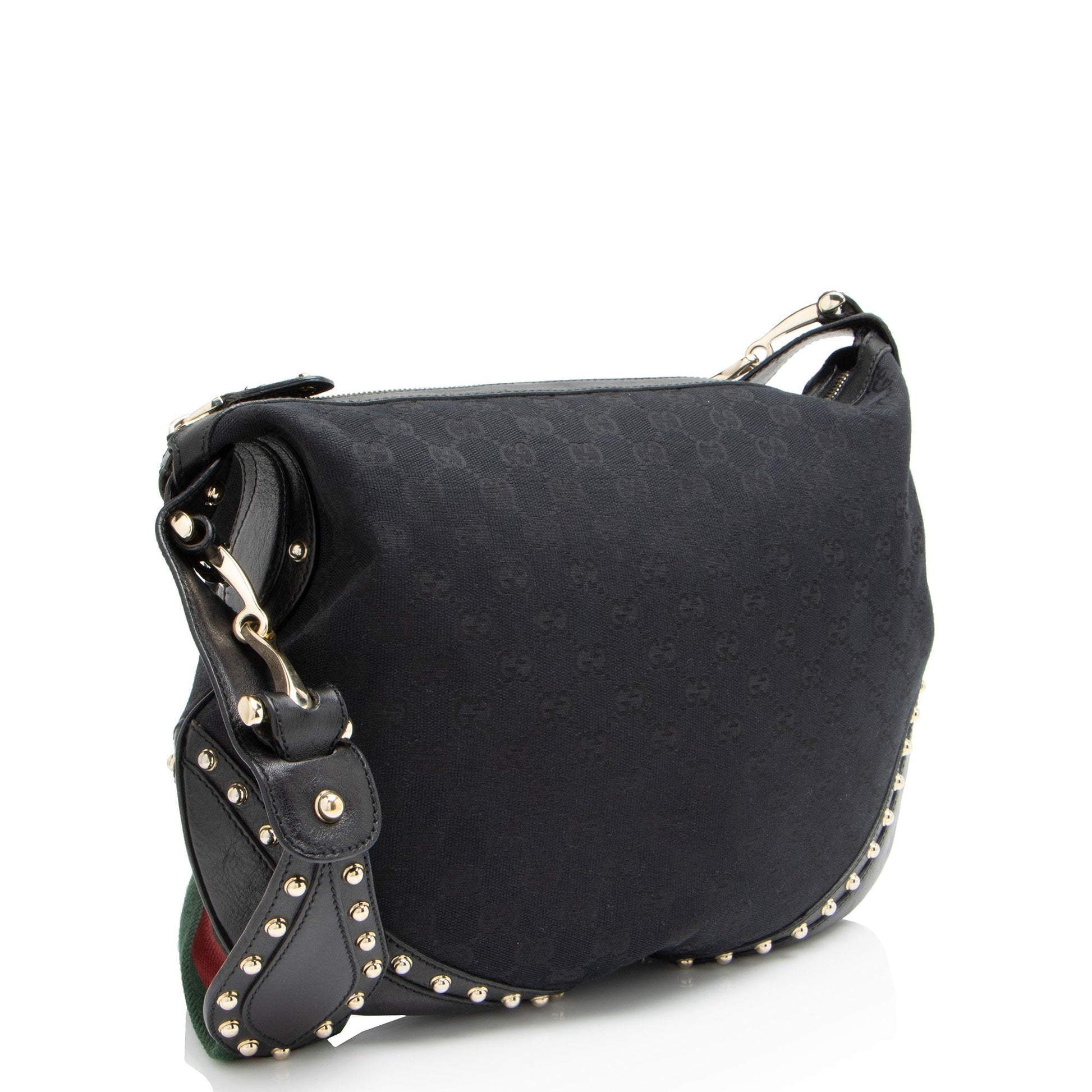 Gucci GG Studded Pelham Messenger Leather Canvas Nylon Black Shoulder Bag