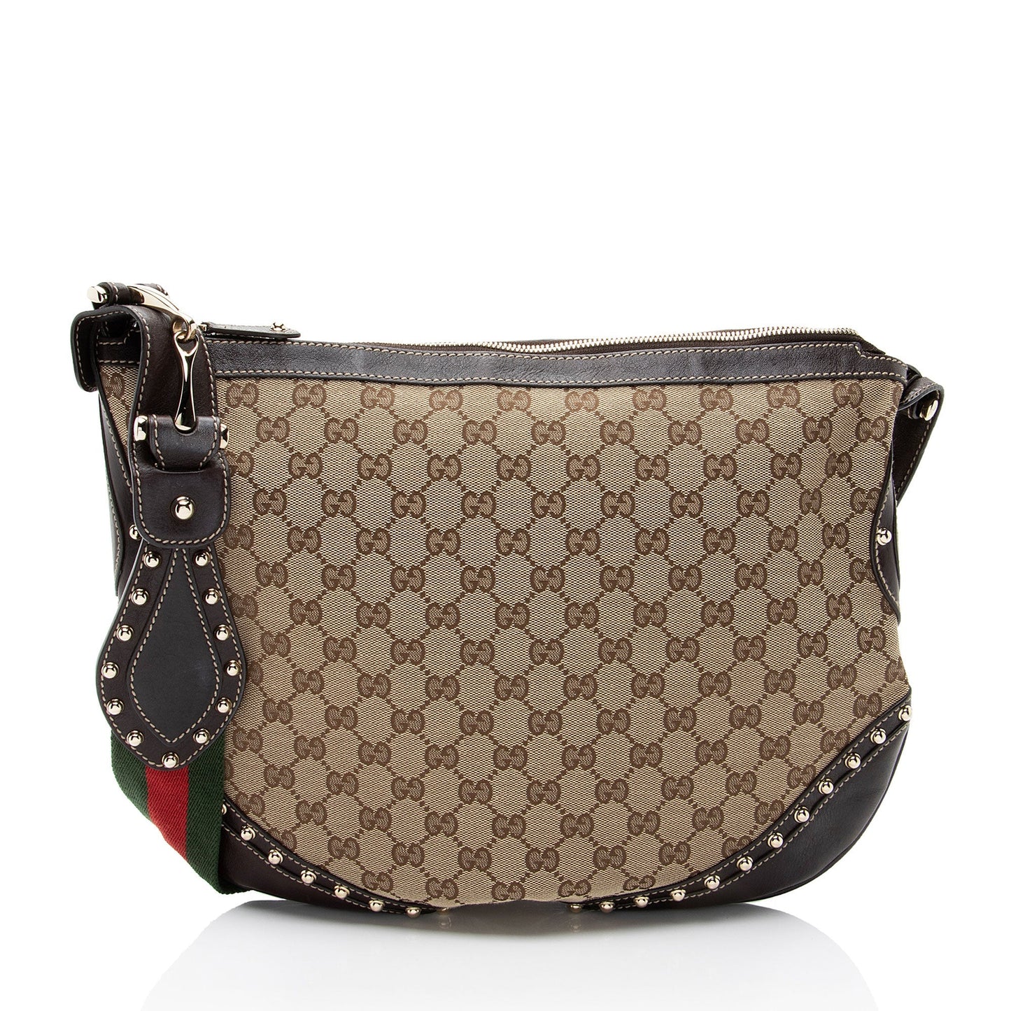 Gucci GG Studded Pelham Messenger Leather Canvas Nylon Brown Shoulder Bag