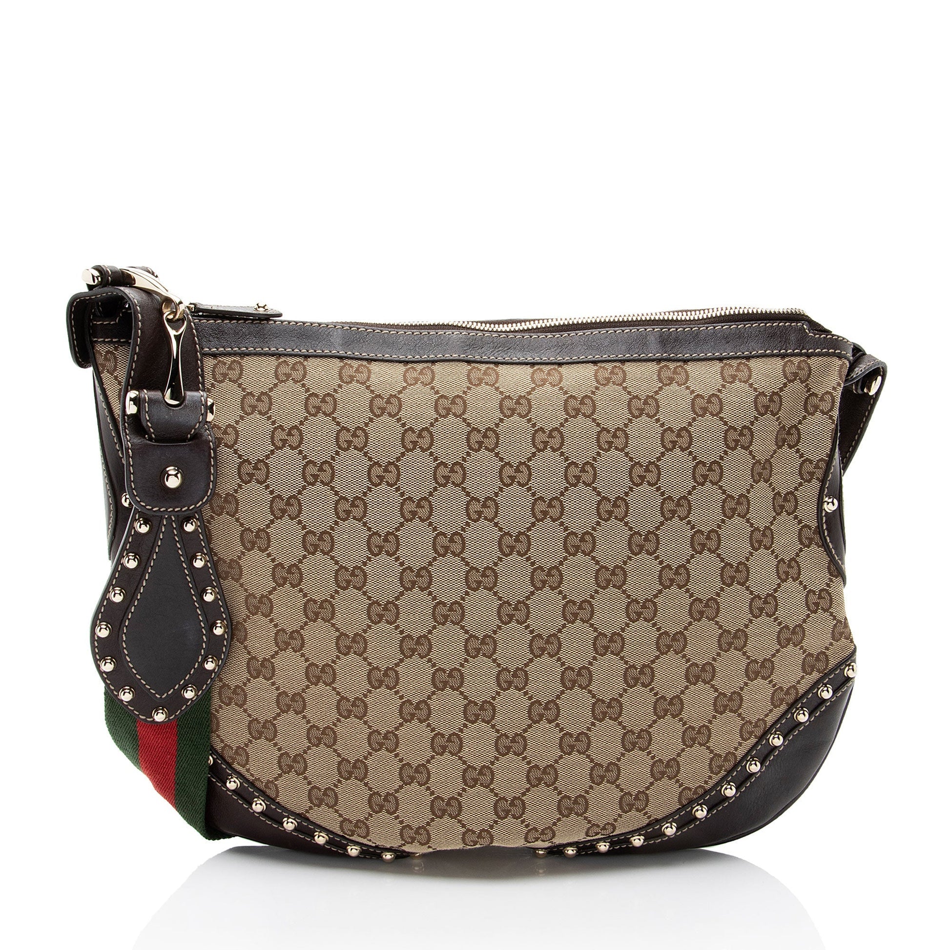 Gucci GG Studded Pelham Messenger Leather Canvas Nylon Brown Shoulder Bag