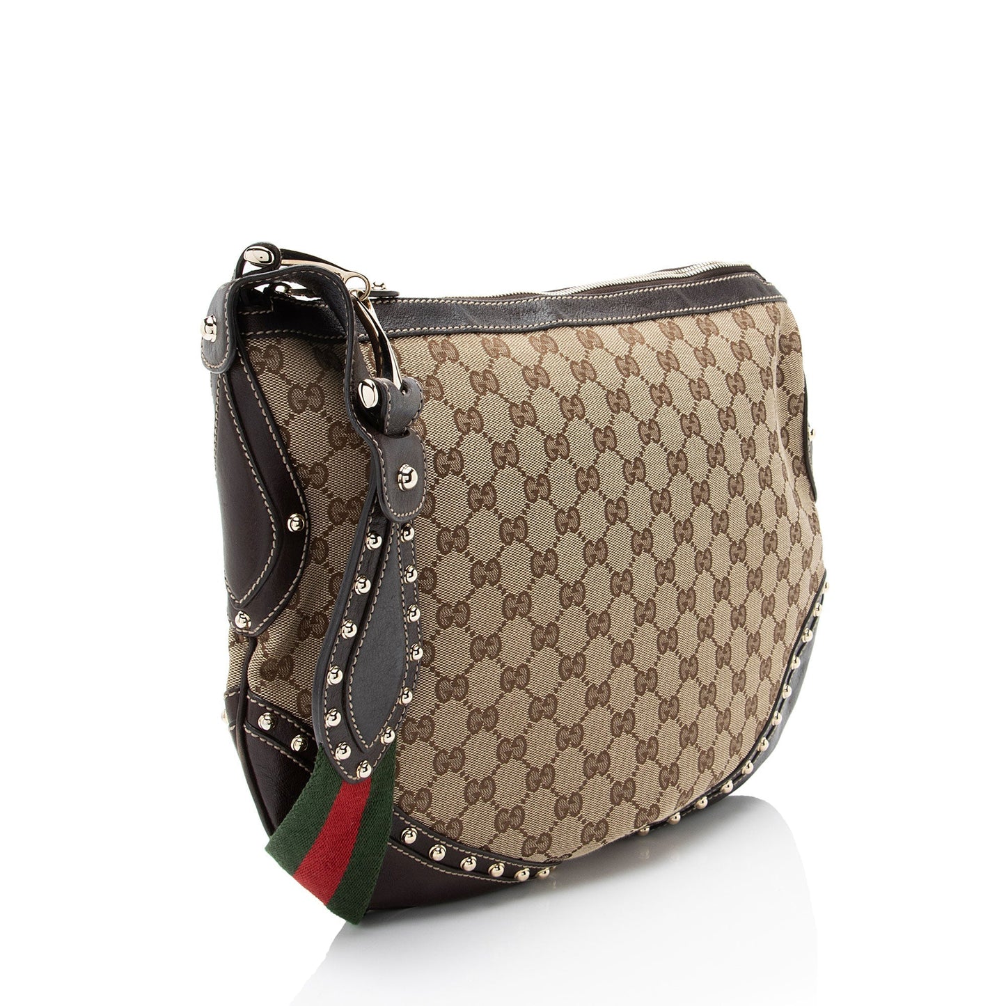Gucci GG Studded Pelham Messenger Leather Canvas Nylon Brown Shoulder Bag