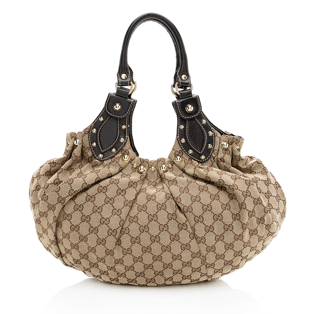 Gucci GG Studded Pelham SHF Leather Canvas Brown Beige Shoulder Bag
