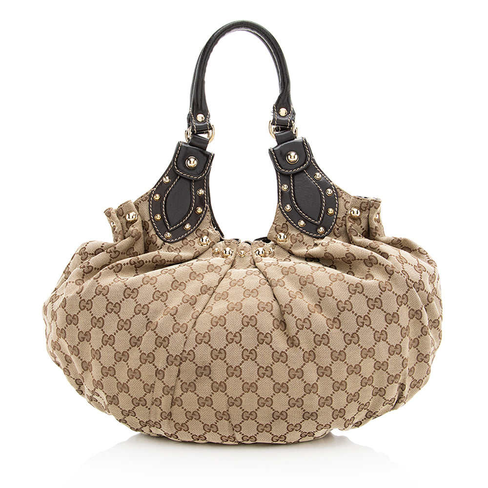 Gucci GG Studded Pelham SHF Leather Canvas Brown Beige Shoulder Bag