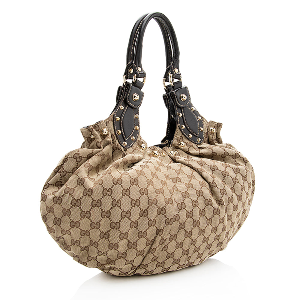 Gucci GG Studded Pelham SHF Leather Canvas Brown Beige Shoulder Bag